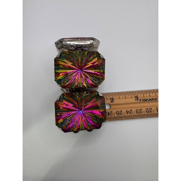 Chunky Rainbow Vitriol Glass Stretch Bracelet - Rectangular Panels - Silver Tone - Picture 10 of 10